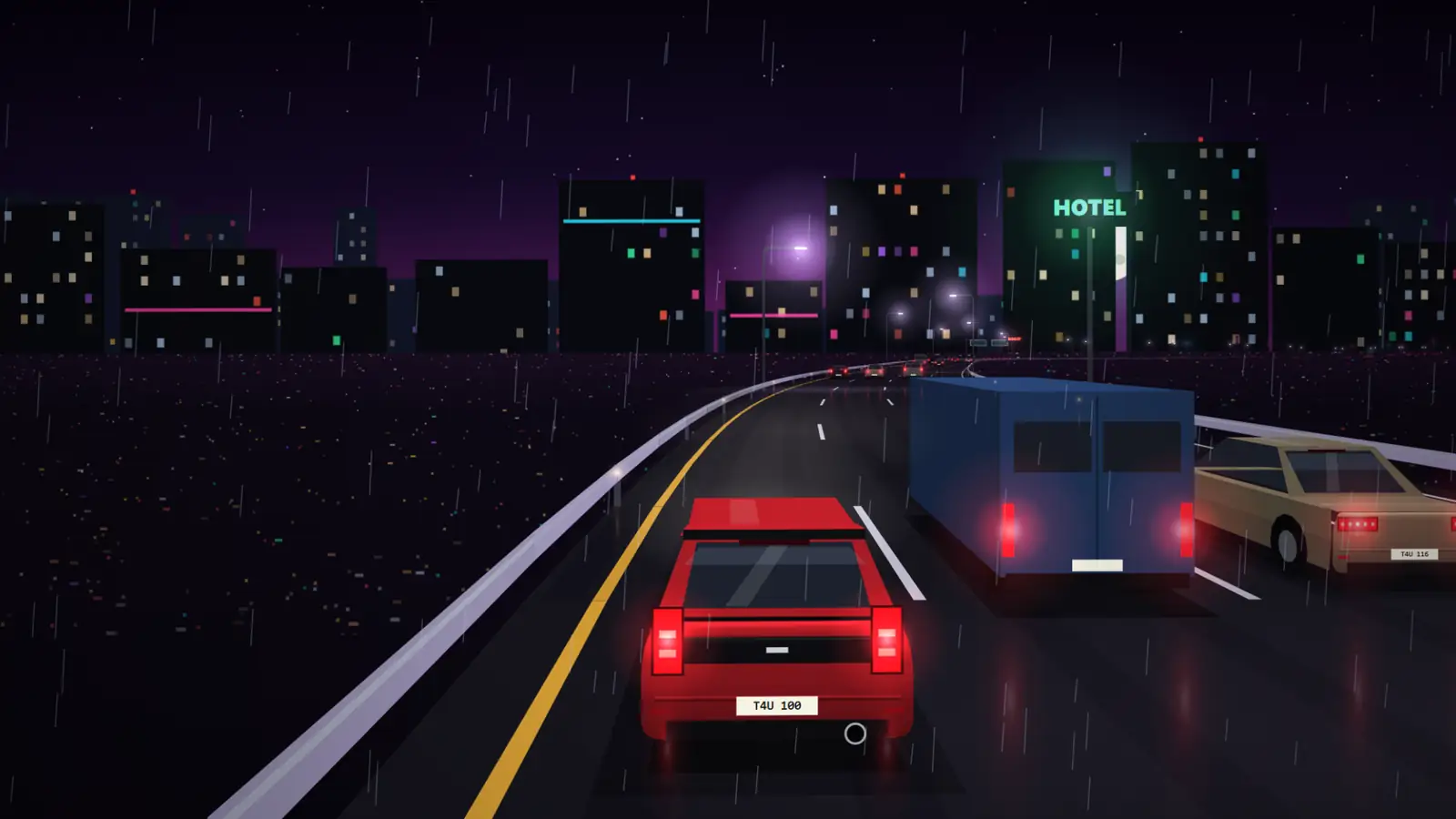 Night Run: a red hatchback passing a van and a saloon on a wet expressway at night, a neon hotel sign in the city behind